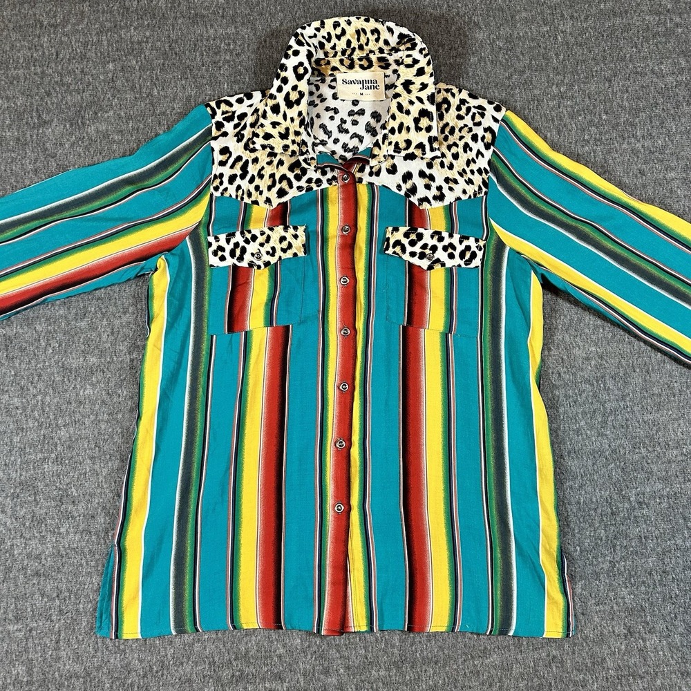 Savanna Jane Women's Medium Button up Shirt Western Cheetah Multi Color Striped